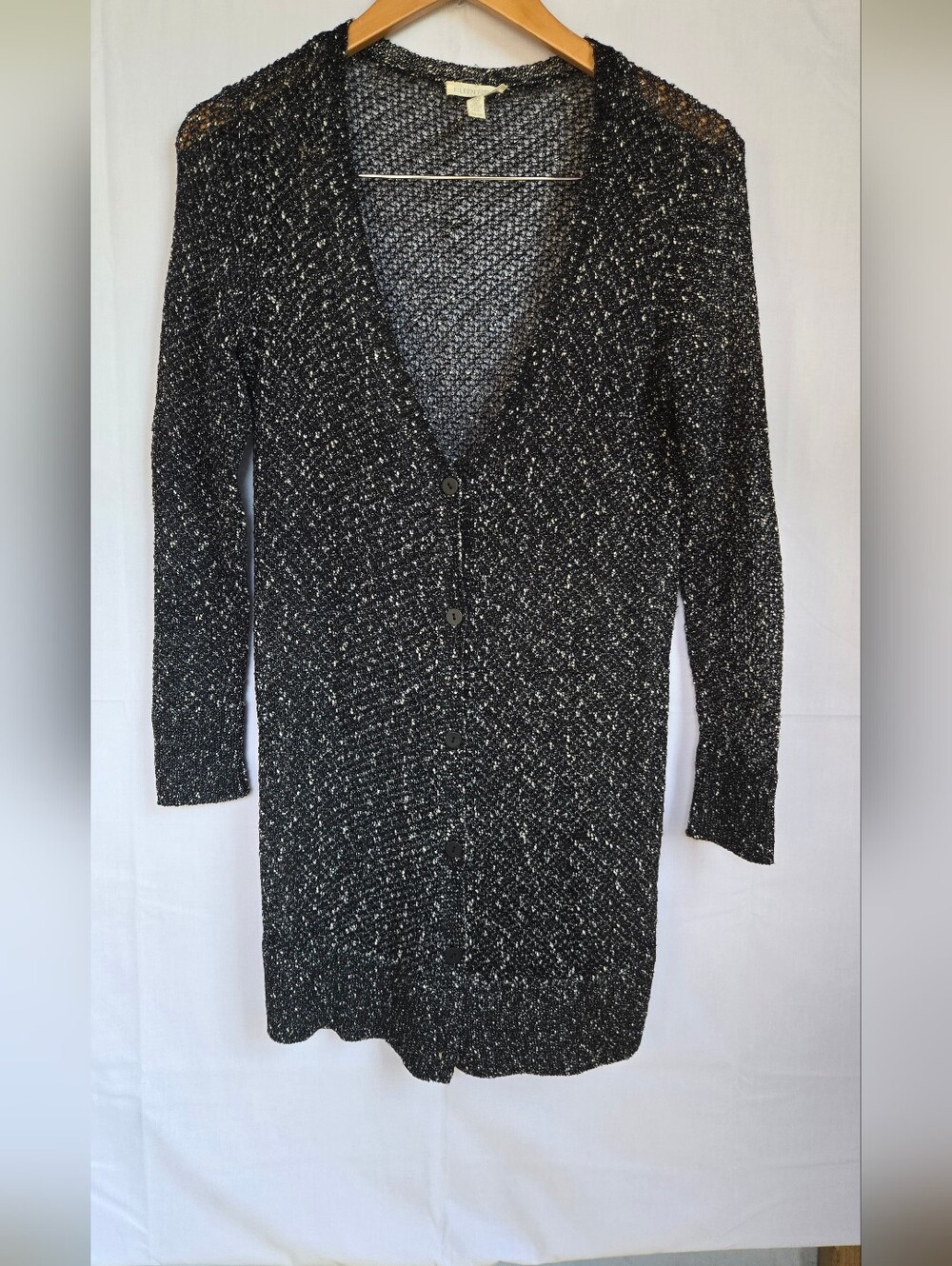 EILEEN FISHER Cardigan Sweater Womens Black White Knit Button-Size Xs